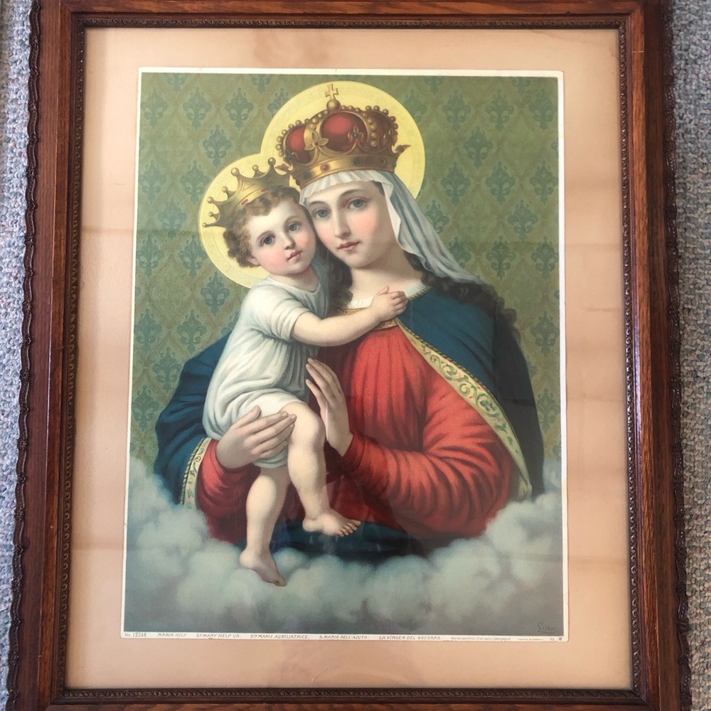 Catholic renaissance style Mary and Jesus antique chromolithograph wood frame